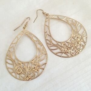 Gold Filigree Floral Tear Drop Hoop Earrings